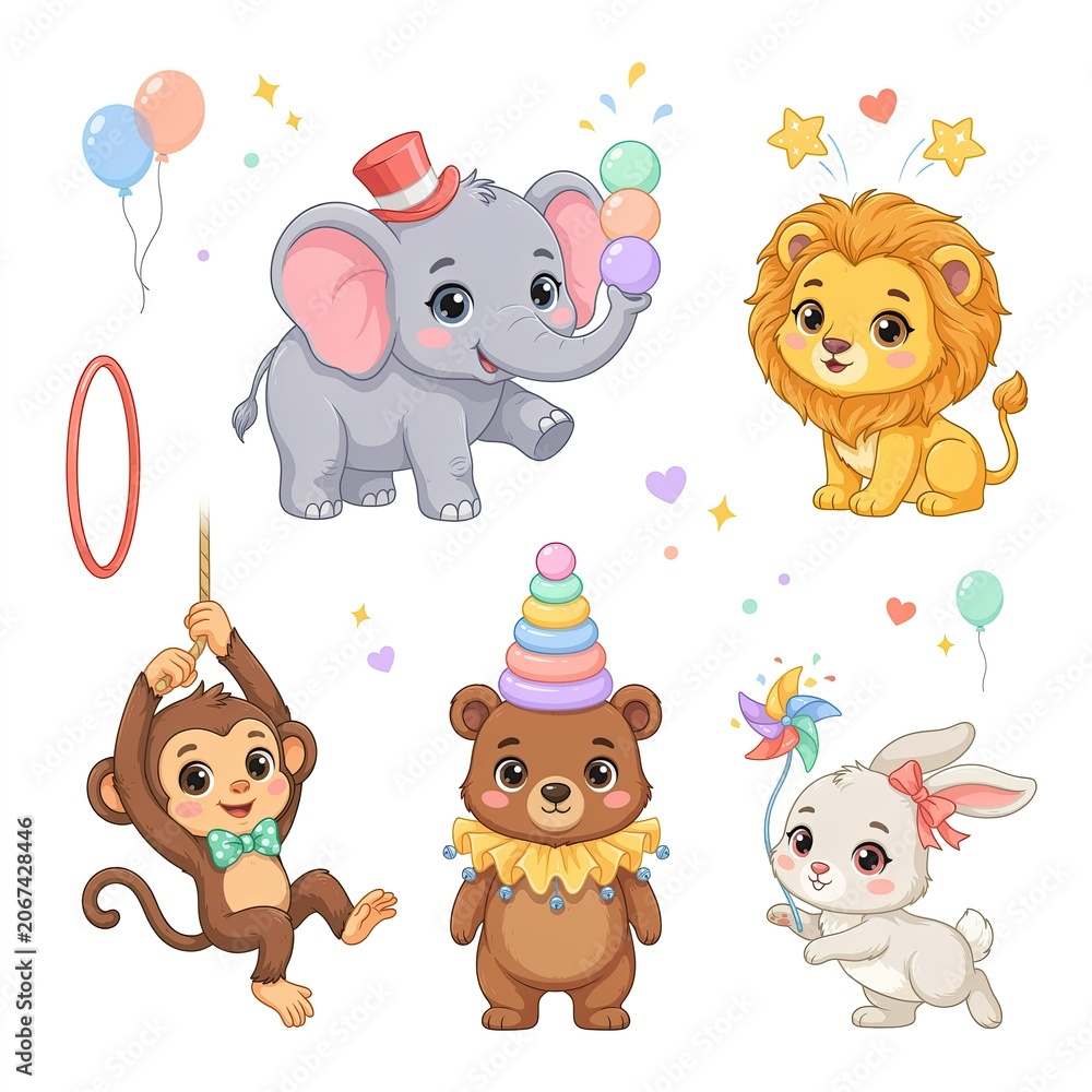 Obraz premium Cute circus animals set with elephant, lion, monkey, bear and rabbit