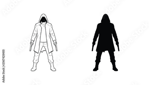Tableau sur toile Mysterious hooded assassin character holding dual handguns icon set in line art