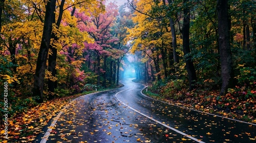 Autumn road through forest with colorful trees and fallen leaves