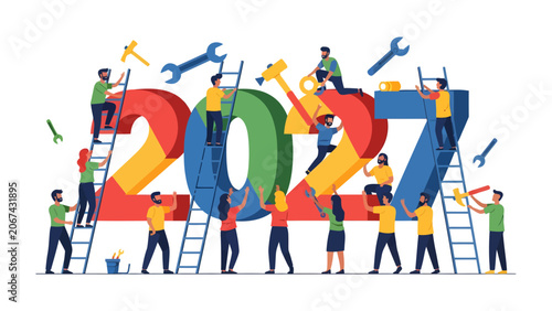 Bild auf Leinwand Building the Future: A vibrant illustration depicts a team of diverse people working together, constructing the numbers 2027 with tools and ladders