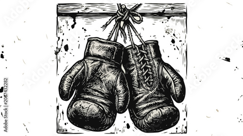Vintage woodcut style illustration of two boxing gloves hanging on a nail.