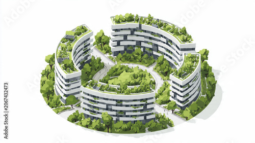 Modern circular green office building with rooftop gardens and lush landscaping overlooking urban surroundings