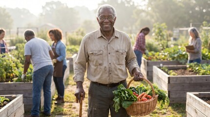 Elderly Black Man with Cane Carries Harvest Basket During Disability Pride Month