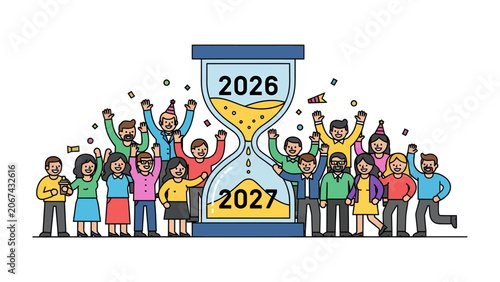 Canvas Print New Year's Eve Celebration 2027: A vibrant crowd erupts in joyous celebration around an hourglass symbolizing the transition from 2026 to 2027, marked by confetti and festive hats