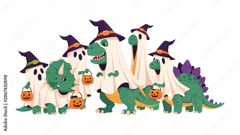 Fototapeta premium Halloween Dinosaurs in Ghost Costumes and Witch Hats Ready for Trick-or-Treat