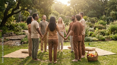 Diverse friends holding hands in nature celebrating International Self Care Day