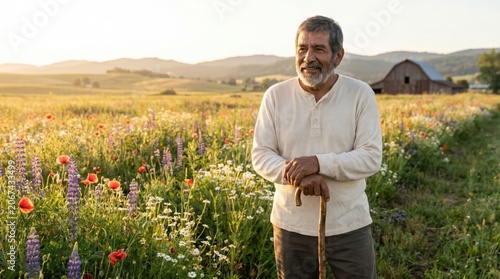 Elderly Latino Man with Cane in Field for Disability Pride Month