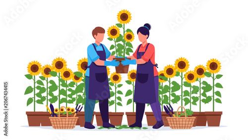 Schilderij op canvas Cultivating Sunshine: Two individuals, adorned in aprons and surrounded by a vibrant field of sunflowers, tenderly care for a potted sunflower