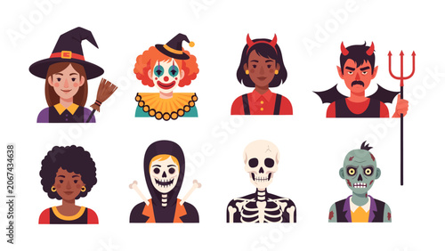 Quadro su tela Halloween Character Collection: A vibrant collection of eight illustrated characters showcasing various iconic Halloween costumes, including a witch, clown, devil, skeleton, and zombie