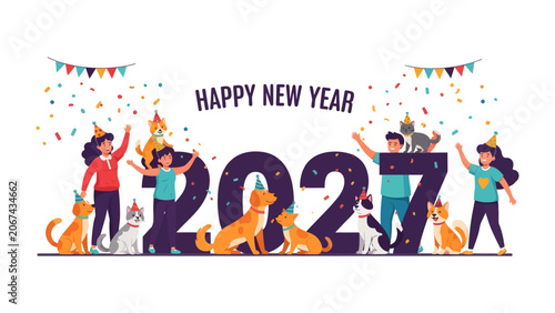 фотографія Happy New Year 2027: A joyous celebration unfolds with children, pets, and vibrant confetti welcoming the new year, creating a festive and heartwarming scene
