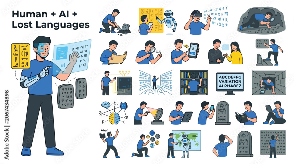 Fototapeta premium Human and AI Lost Languages vector set, artificial intelligence deciphering ancient hieroglyphs and scripts, archaeology technology icons