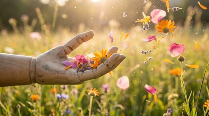 Prosthetic Hand Releasing Flowers in Field, Disability Pride Month