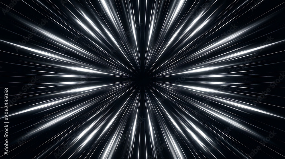 Obraz premium Monochrome warp speed light trails traveling through black hole space void perspective.