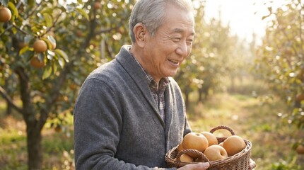 Smiling East Asian Elderly Man with Harvest Basket for Disability Pride Month