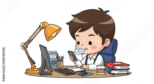 Cute chibi male office worker sitting at a wooden desk with a computer, orange lamp, and books, holding a smartphone with a speech bubble icon on a white background illustration.