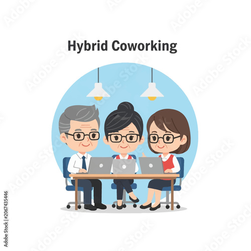 Chibi vector illustration of three diverse office professionals, one senior man and two women, using laptops at a shared desk under the text Hybrid Coworking on white background.