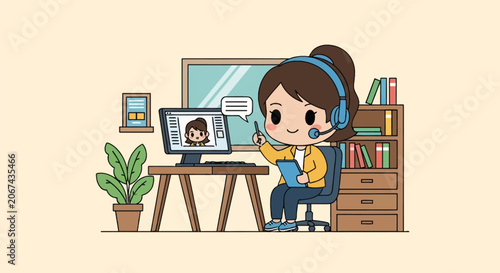 Chibi female online tutor with headset and tablet teaching virtual class at home office desk with computer, monitor, bookshelf and potted plant in flat vector illustration style.