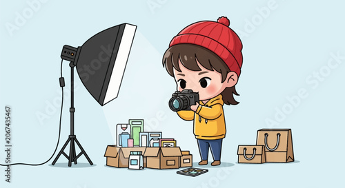 Chibi character in red beanie and yellow hoodie taking photos of merchandise with DSLR camera and professional studio softbox light for an online e-commerce business shop.