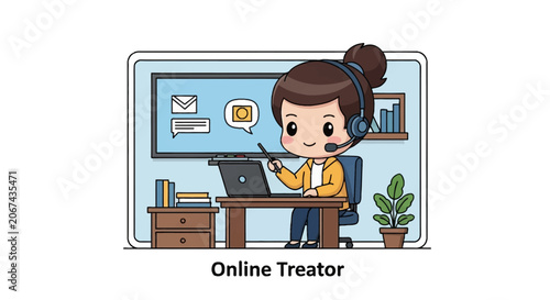 Cute chibi girl tutor wearing headset teaching online, sitting at desk with laptop and digital whiteboard, flat vector illustration of e-learning and remote education concept.