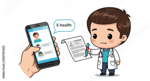 Chibi doctor cartoon character in a lab coat with stethoscope, holding medical document and pen next to a smartphone displaying E-health chat app on white background.