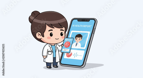 Cute chibi female doctor illustration standing next to a giant smartphone displaying an AI health report interface with medical data, heartbeat icons, and a digital patient profile.