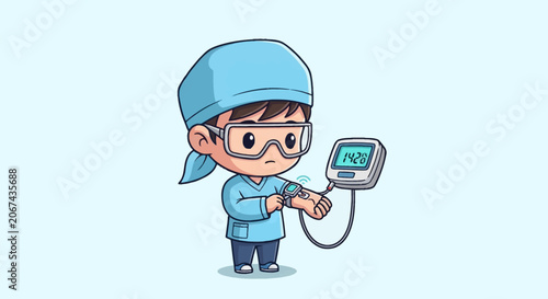 Chibi medical professional in blue scrubs, surgical cap, and safety goggles using a digital wrist monitor device to track patient vitals with display screen on a white background.