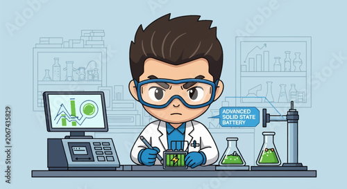 Chibi male scientist in white lab coat and safety goggles researching an advanced solid state battery at a lab bench with beakers, computer monitor, and glassware.