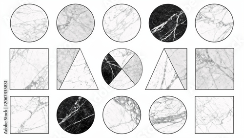 Collection of marble and granite textures in black white and gray shades for design and creative projects