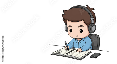 Chibi boy character wearing headphones writing in a spiral notebook at a desk with a smartphone, minimalist vector illustration of a student or remote worker on white background.