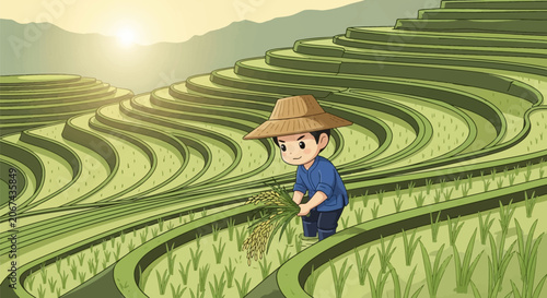 Vector illustration of a chibi male rice farmer wearing a traditional straw conical hat and blue outfit harvesting stalks in green terraced rice paddies under a morning sun.