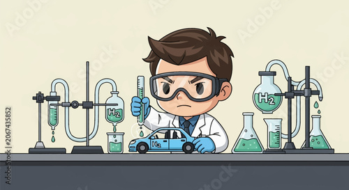 Chibi scientist in lab coat and goggles testing a hydrogen fuel cell toy car with a pipette in a laboratory setting featuring flasks, beakers, and green chemical solutions vector.