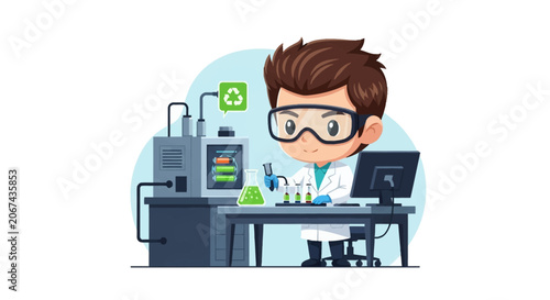 Chibi male scientist in lab coat and goggles performing battery recycling research with test tubes, flasks, computer monitor, and sustainable green energy laboratory equipment.