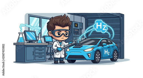 Vector illustration of a chibi male scientist in a lab coat and goggles testing a blue hydrogen fuel cell vehicle using a handheld probe inside a modern laboratory garage.