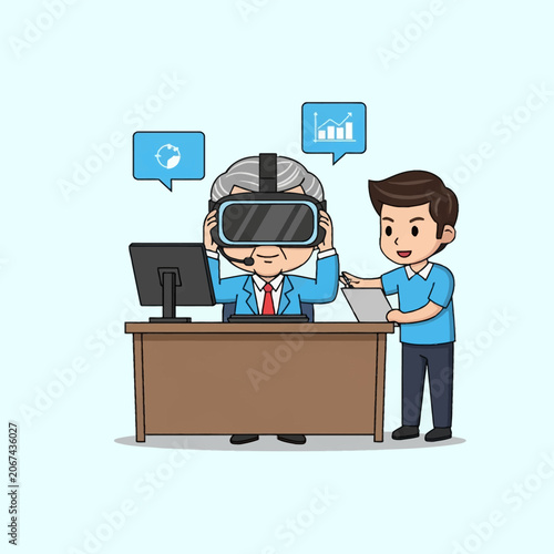 Chibi vector illustration of an elderly businessman wearing a virtual reality headset at an office desk, while a young male assistant helps him with digital data and charts.