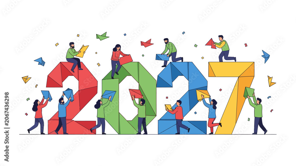 Fototapeta premium Building the Future 2027: A group of diverse individuals collaboratively construct the numbers '2027', symbolizing a shared vision and collective effort towards future goals and aspirations.