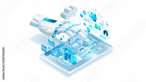 Futuristic digital tablet with holographic interface and floating icons in cool blue tones for technology innovation