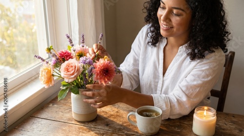 Woman Arranging Flowers with Tea for International Self Care Day