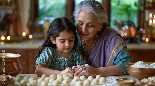 Diwali sweet preparation in a home kitchen with a grandmother and granddaughter rolling and shaping ladoo together on a floured counter, both with powdered hands and identical focused expressions de