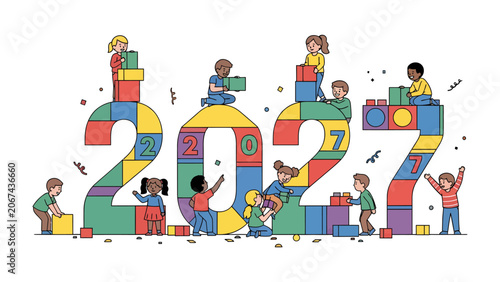 Fotografie Building the Future: Children playfully construct the numbers 2027 using colorful building blocks, symbolizing growth, education, and the promise of a new year