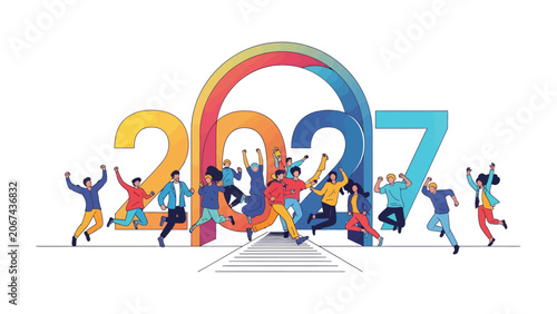 Quadro su tela New Year's Eve Celebration: A vibrant group of people joyfully jumping and cheering in front of the year 2027, symbolizing the excitement and hope for the future