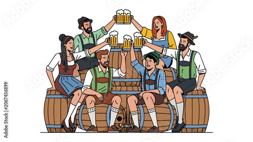 Fotografie Oktoberfest Celebration: A lively group of friends in traditional Bavarian attire clinks beer steins, seated on barrels, embodying the festive spirit of Oktoberfest