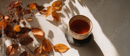 Autumn tea cup with dry leaves