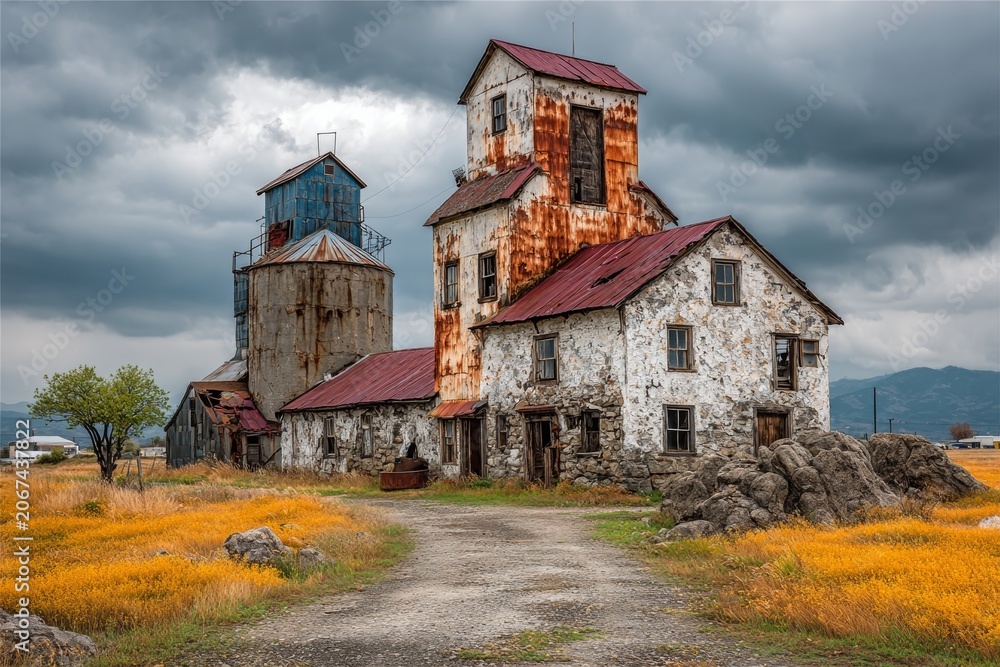 Naklejka premium Abandoned stone church with weathered towers under stormy sky in rural landscape