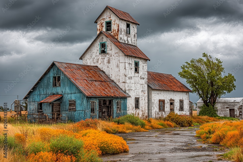 Fototapeta premium Abandoned Grain Elevator Building in Rural Landscape Under Dramatic Sky