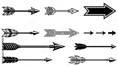 Obraz na płótnie A collection of various arrows and an arrowhead pointing right are illustrated