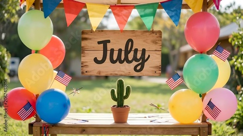 July wooden sign celebration display with colorful balloons and small cactus
