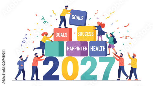 Photos New Year Resolution Pyramid: People build a pyramid of goals, success, happiness, and health to represent the aspirations of the new year 2027, surrounded by confetti and streamers