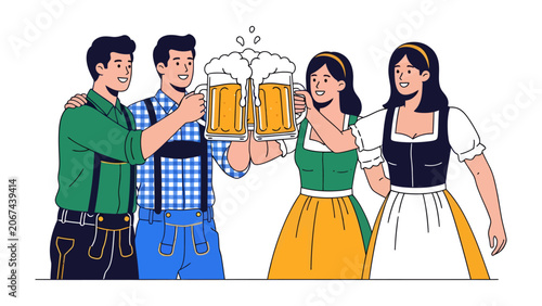 Obraz na plátně Bavarian Cheers: Four friends in traditional Bavarian attire clink glasses filled with frothy beer, celebrating a festive occasion with joyous camaraderie and infectious smiles