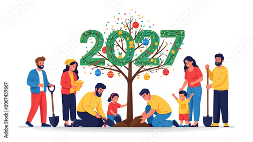 Obraz na plátně Family Planting Tree for 2027: A heartwarming scene of a family planting a tree decorated with ornaments and the year 2027, symbolizing growth, sustainability, and future hope