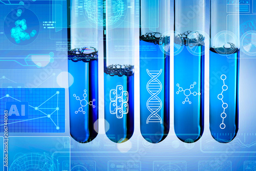 Test tubes with blue liquid and digital interface showing DNA, molecular structures and AI data analysis in laboratory, biotechnology, genetics and scientific research concept